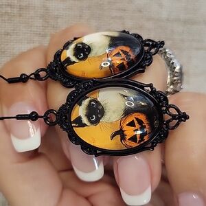 SIAMESE CAT HALLOWEEN PUMPKIN BROOCH DROP EARRINGS